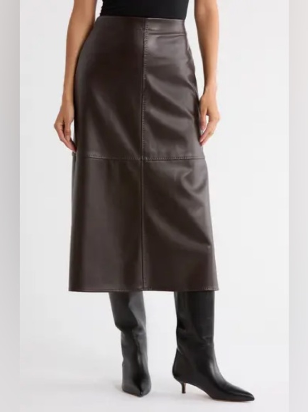 Max Studio London Dark Brown Genuine Leather Midi Skirt Size Medium Vintage Chic
